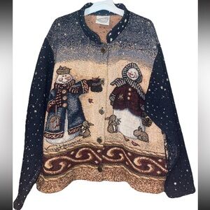 Rare Vintage Sugar Street Weavers Snowman Cardigan Women’s 100% Cotton Knit Sz L